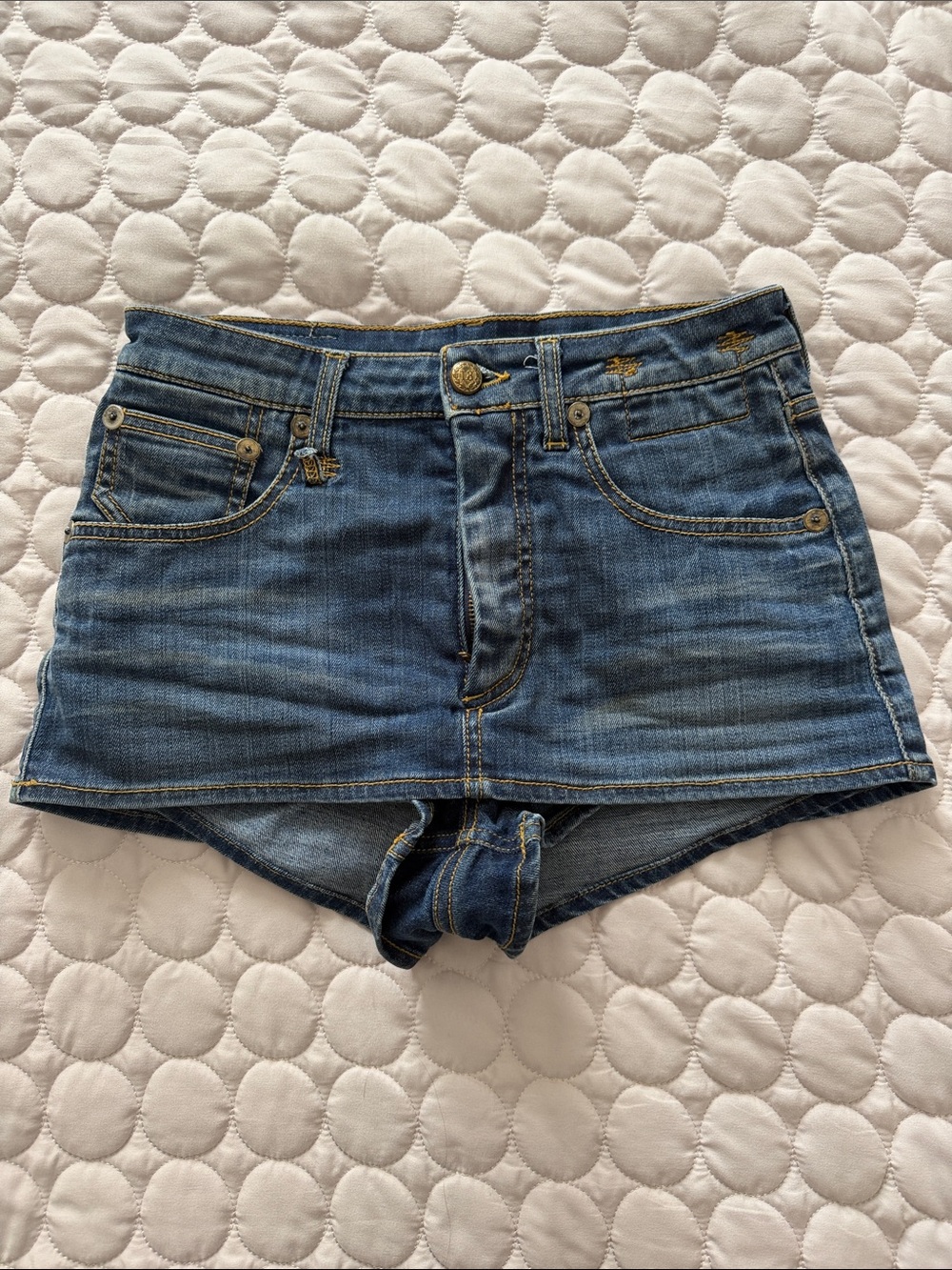 R 13 Distressed Mid-Blue Denim Shorts